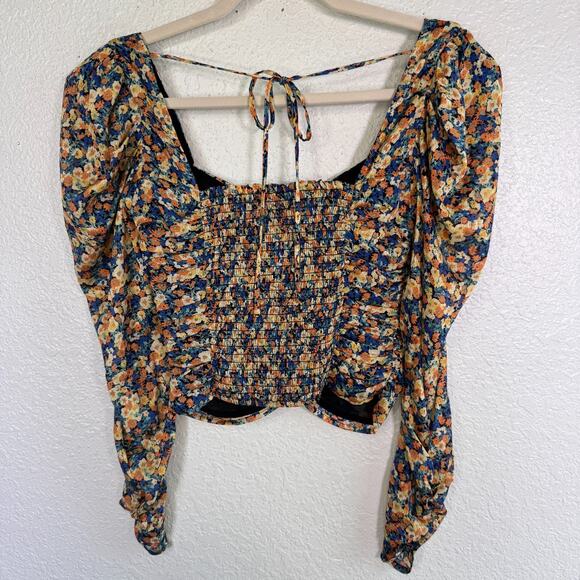 ASTR The Label Top Womens XS Floral Ruched Puff Sleeve Blouse Cottagecore Boho - Picture 2 of 11
